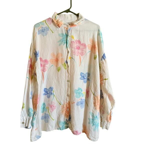 Hot Cotton by Marc Ware 100% Linen Floral Button Down Shirt M Pastel Spring Top - Picture 1 of 6